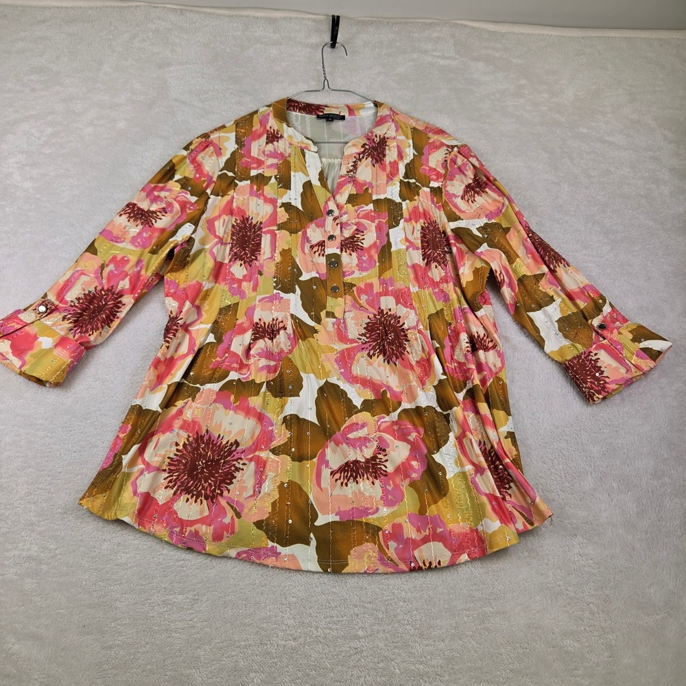 Ava & Grace Womens Floral Sequin Pintuck Tunic Top Pink Yellow Brown XL